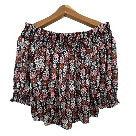 Ryegrass Womens Top M Smocked Off Shoulder Black Pink Floral Daisy Boho Cottage - Picture 1 of 9